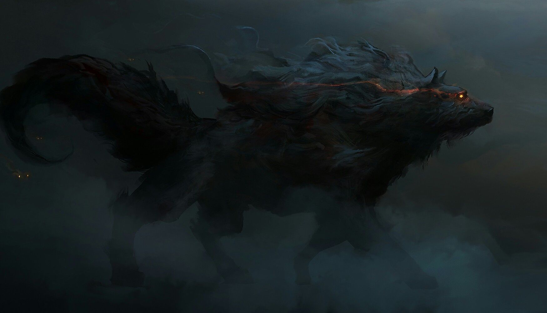 An artistic rendering of a gigantic direwolf with shadows and fiery eyes