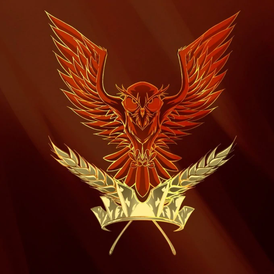 Crest of the Dwendalian Empire, an owl with open wings in red on a golden crown with wheat as feathers by @hierothraxs