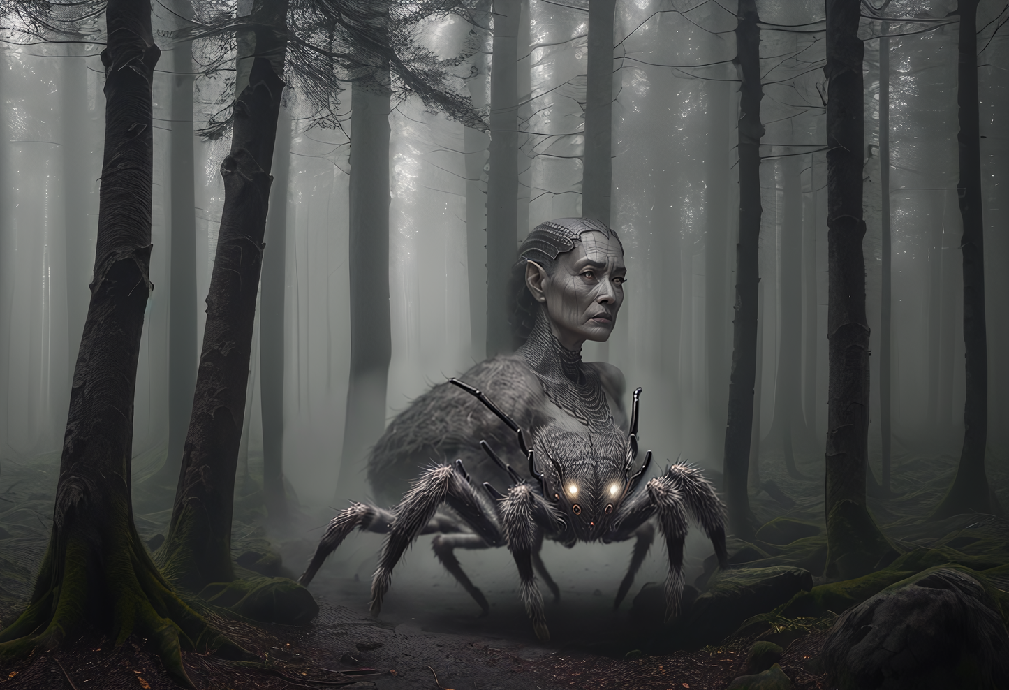 A dark and moody corrupted forest with an ancient two headed spider spirit