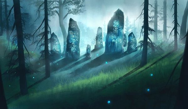 Standing stones in a circle with an eerie glow