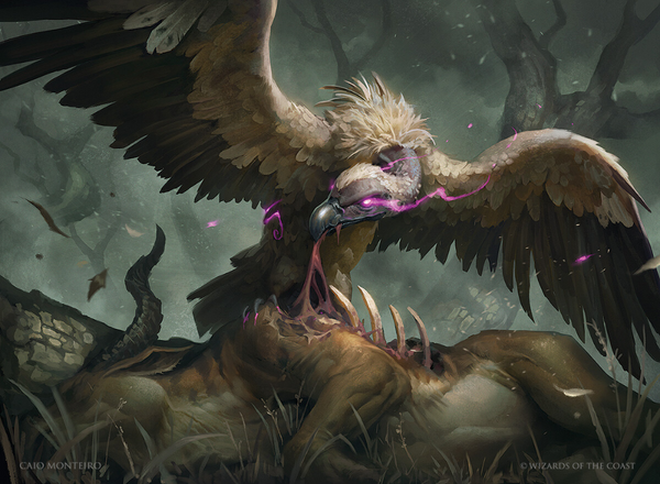 Digital painting of a giant vulture pulling entrails from a dead creature, wings outstretched.