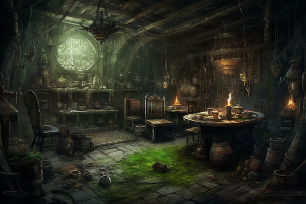 Dark and foreboding room with a messy stone floor, spilled and over turned items, and a witch's lair vibe